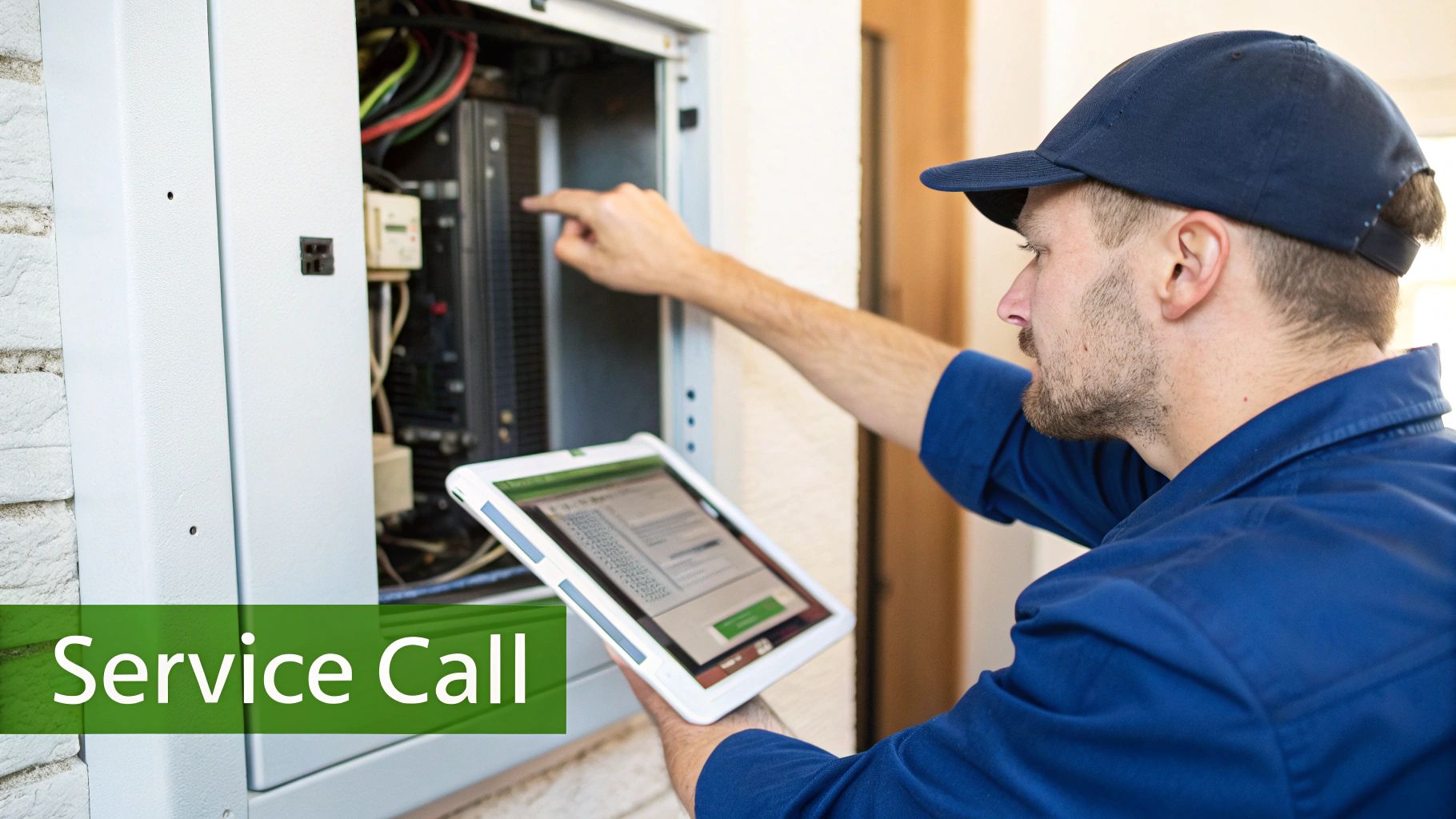 A technician in a blue uniform and cap services an electrical panel, using a tablet for diagnostics.