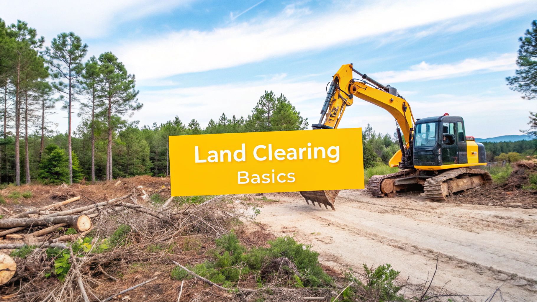A large excavator with a claw attachment clearing trees and brush from a piece of land.