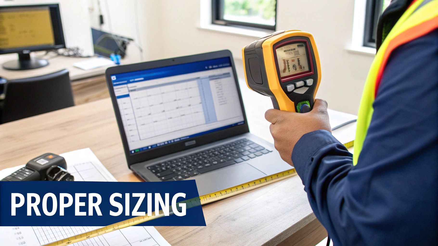 A worker in a safety vest uses an infrared camera and laptop for proper sizing and measurement.