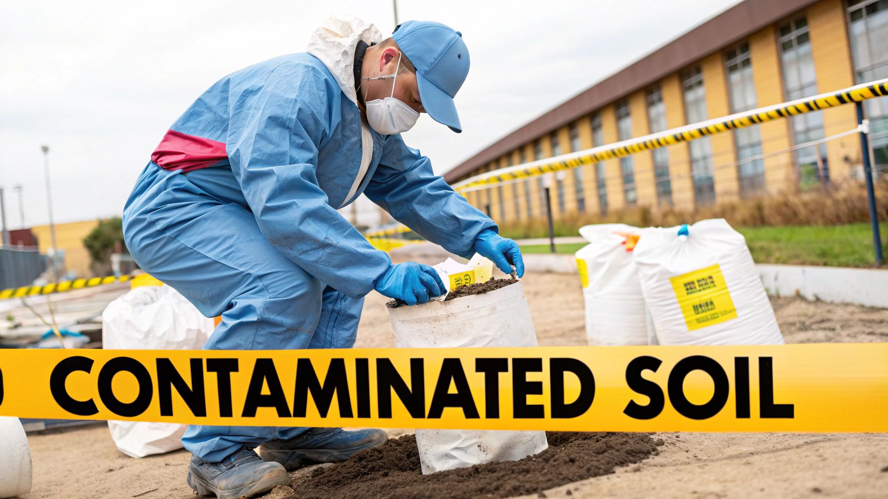 A person in a protective suit taking a soil sample from a potentially contaminated site.