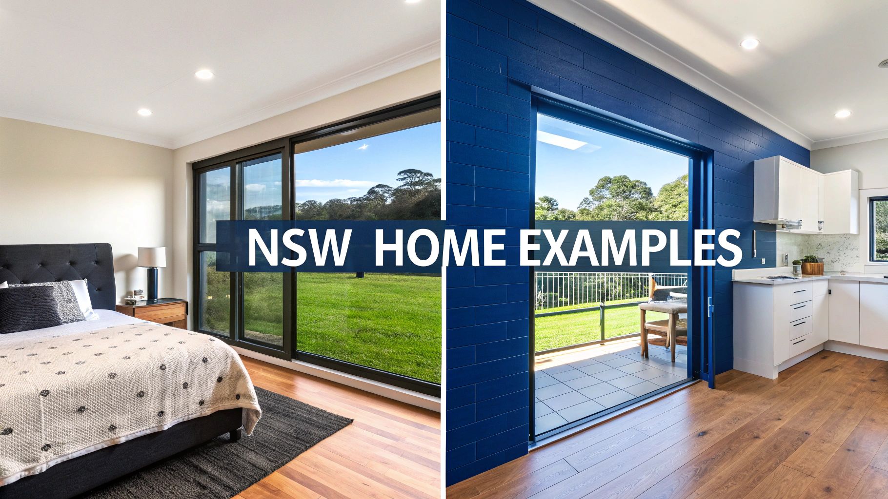 Two modern home interior examples: a bedroom and a kitchen with large windows and outdoor views.