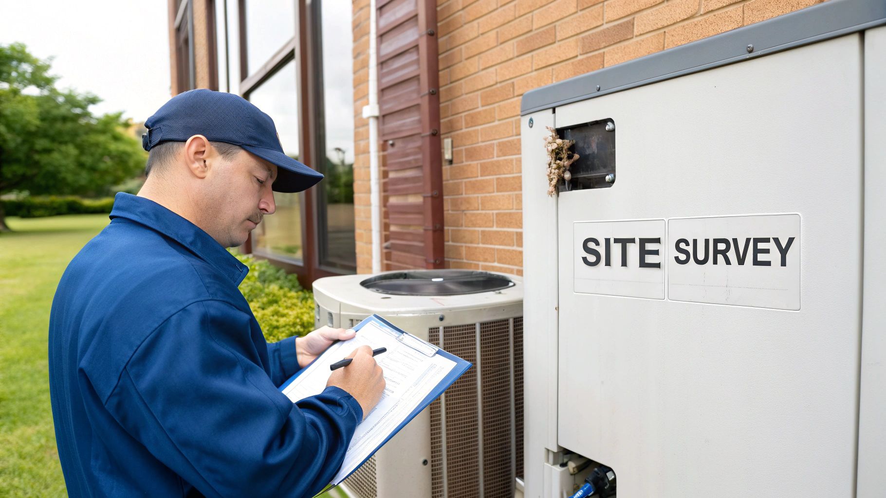 An HVAC technician in a blue uniform conducts a site survey, inspecting outdoor air conditioning units.