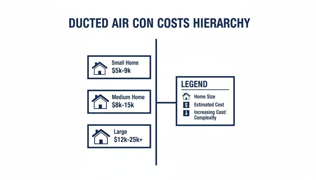 A diagram illustrating the hierarchy of ducted air conditioning costs based on small, medium, and large home sizes.