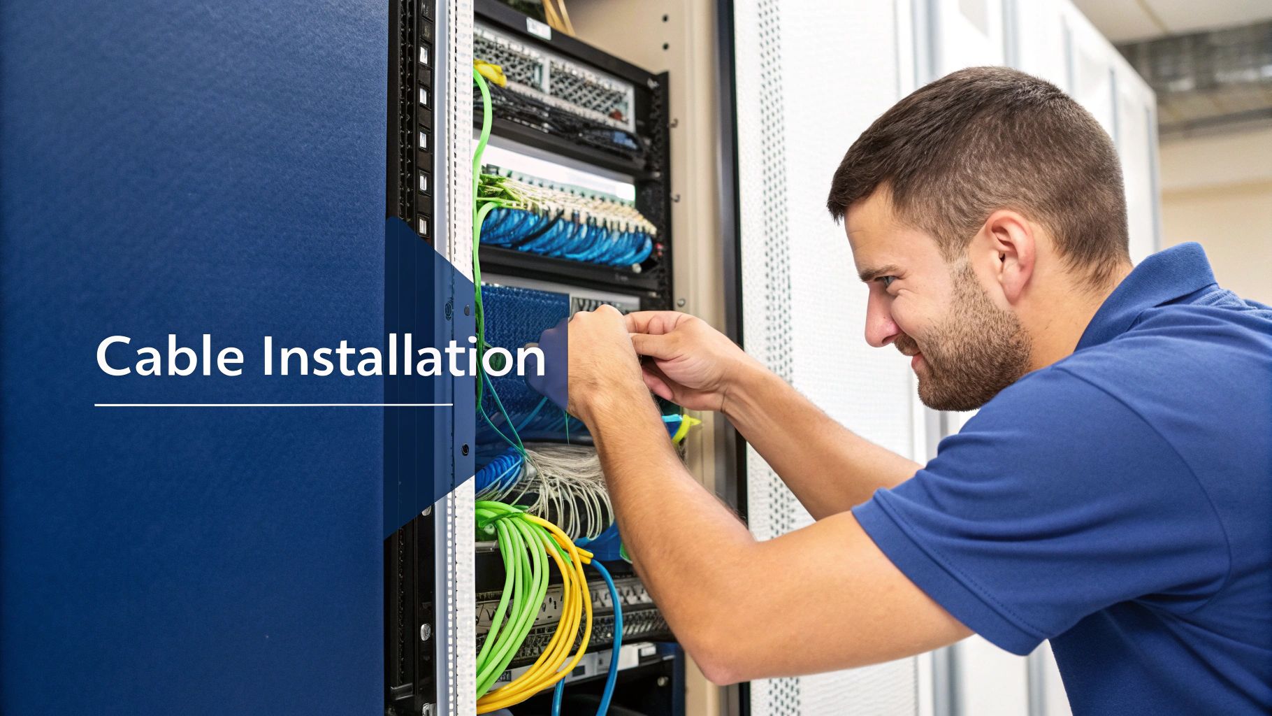 A professional data cable installer working on a server rack.