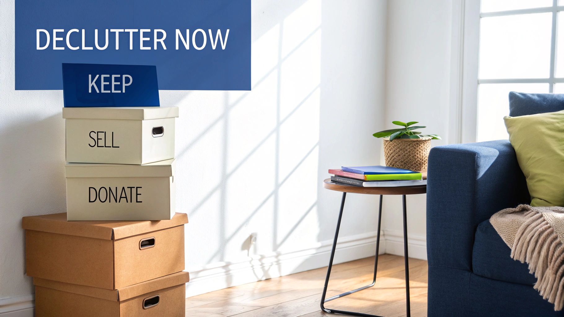 Stacked boxes labeled Keep, Sell, Donate in a room with a couch, encouraging decluttering.