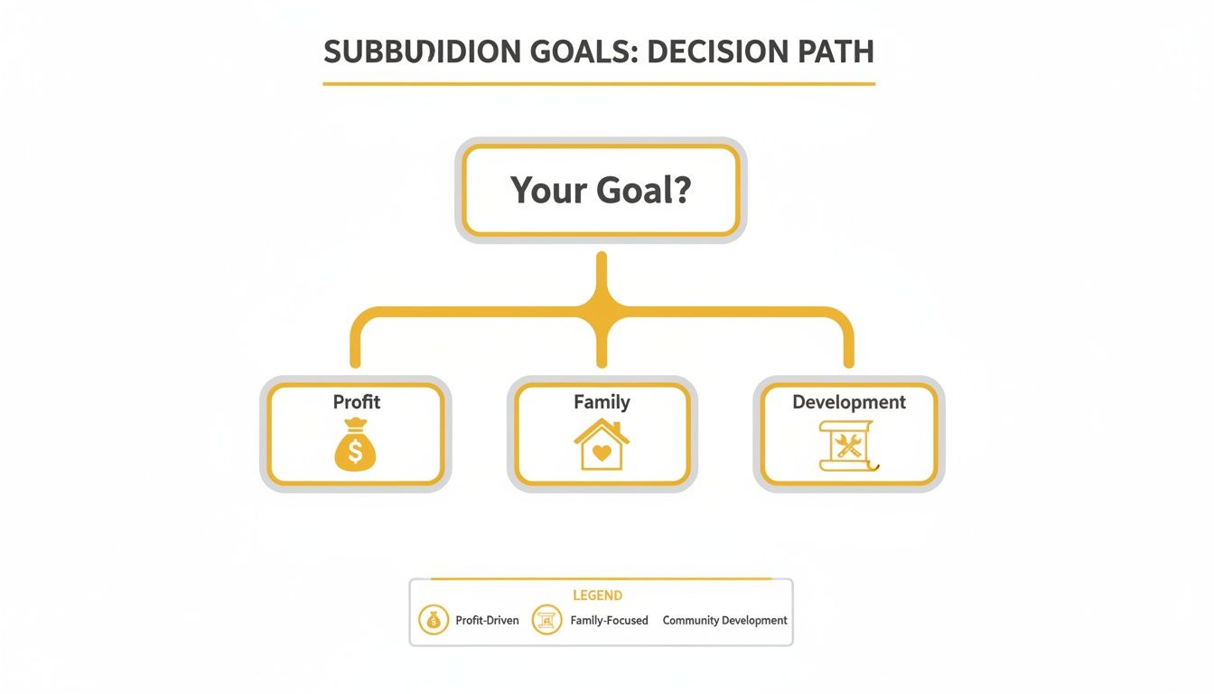 A flowchart titled 'Subdivision Goals: Decision Path' shows 'Your Goal?' branching into 'Profit', 'Family', and 'Development'.