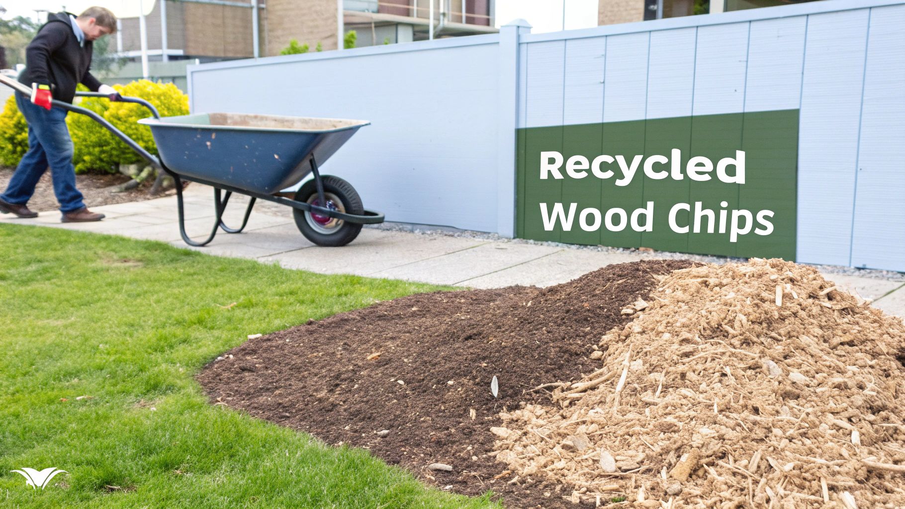 A man pushes a wheelbarrow on a paved path next to piles of recycled wood chips and mulch, ready for landscaping.