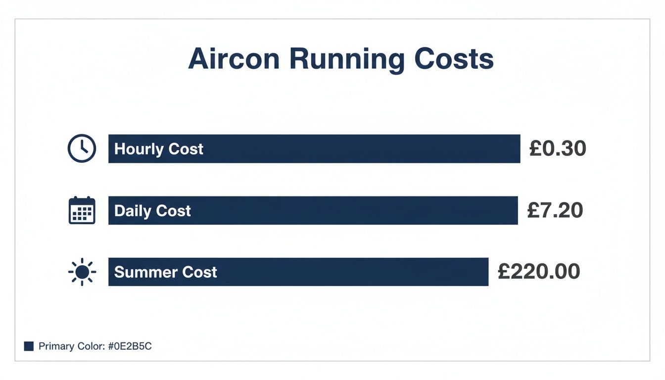 An infographic detailing air conditioner running costs: £0.30 hourly, £7.20 daily, and £220.00 for summer.
