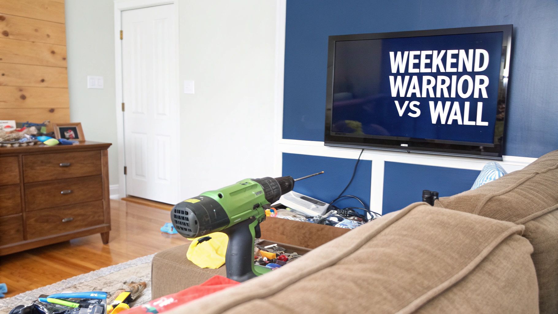 A person marking a wall with a pencil and level, preparing for a TV wall mount installation.