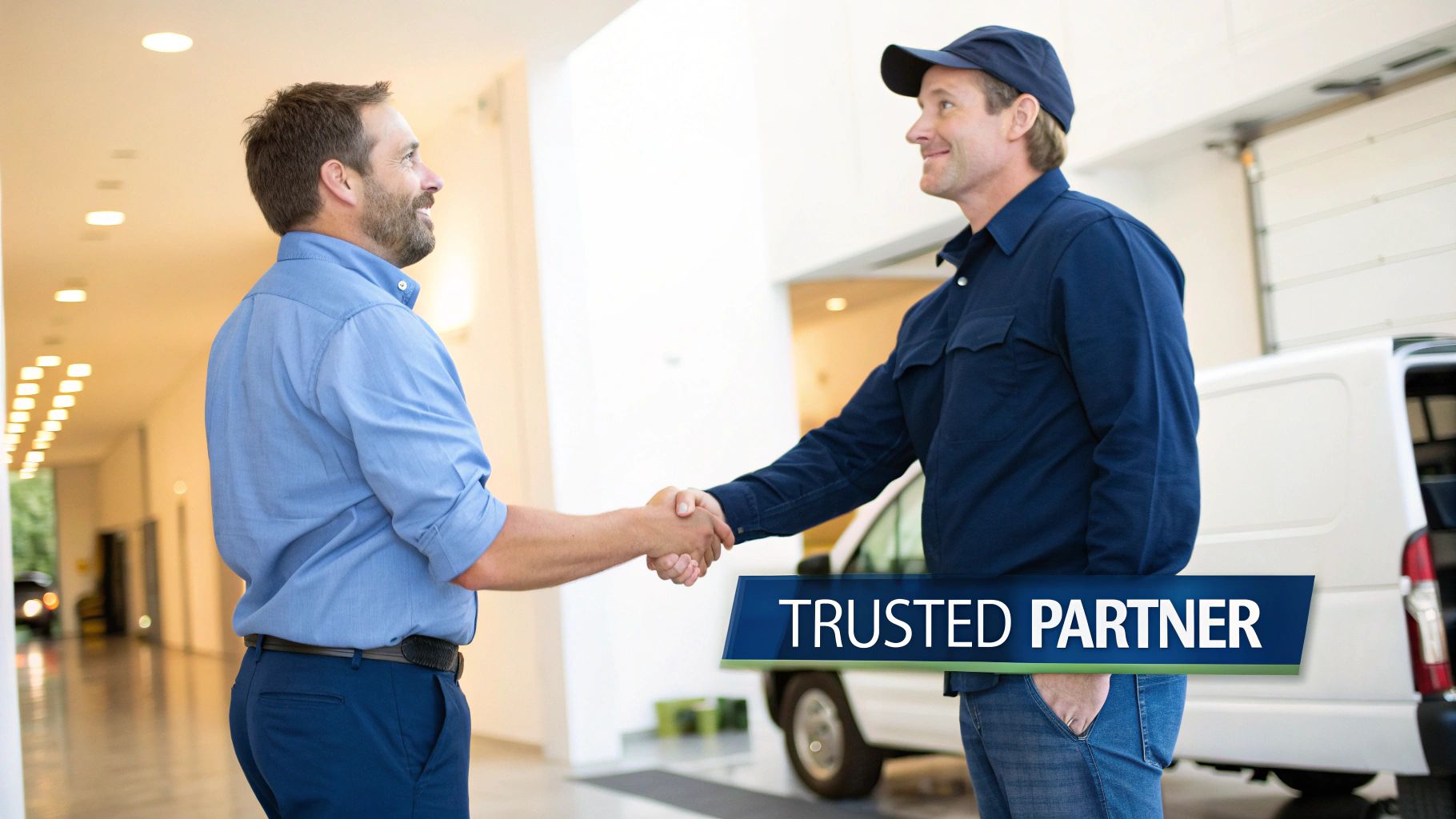 Two smiling men, a client and a service professional, shaking hands by a commercial van, symbolizing trust and partnership.