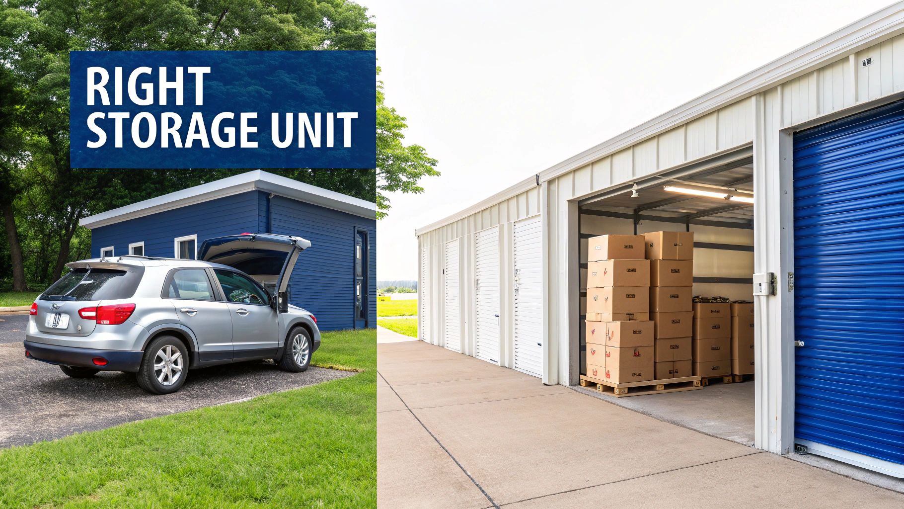 A silver car parked by a modern blue house, alongside self-storage units with boxes inside.