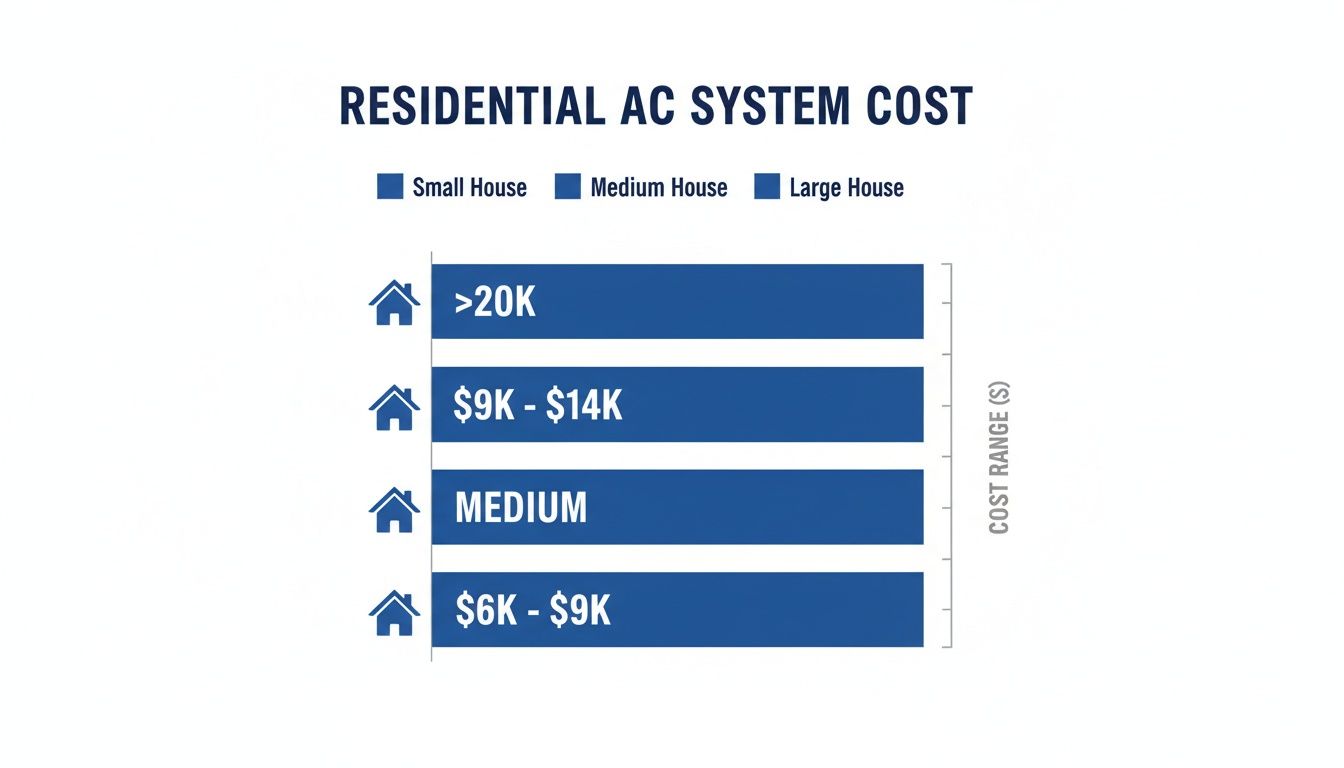 Bar chart illustrating residential AC system cost ranges for different house sizes.