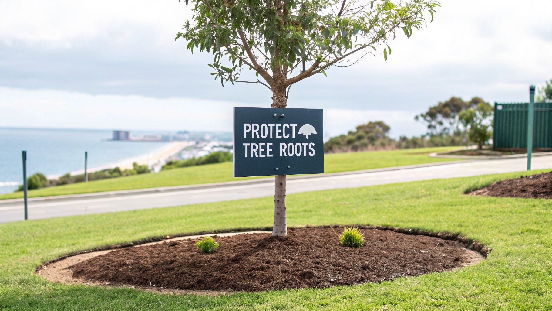 A sign on a young tree in a mulched bed reads 'PROTECT TREE ROOTS', with a coastal view.