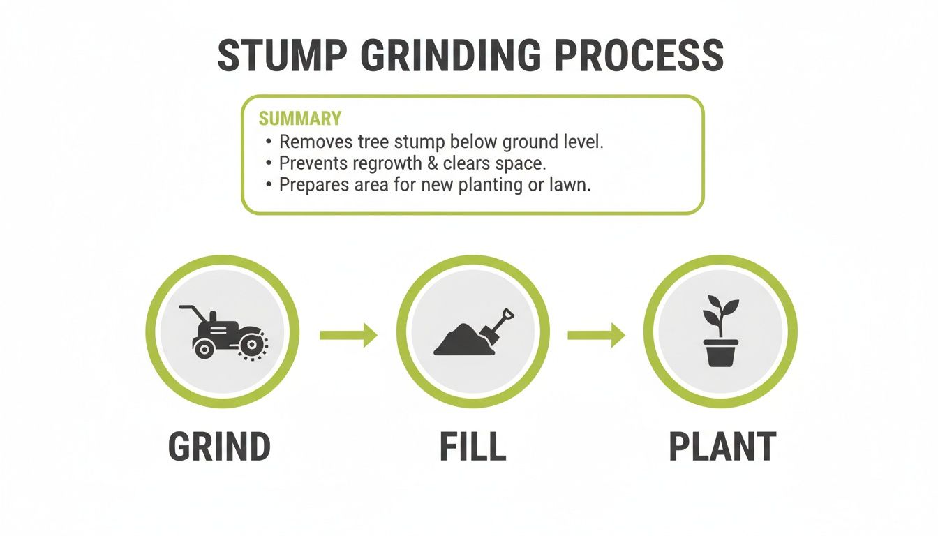 A visual guide illustrating the stump grinding process: grind, fill, and plant, with a summary of benefits.