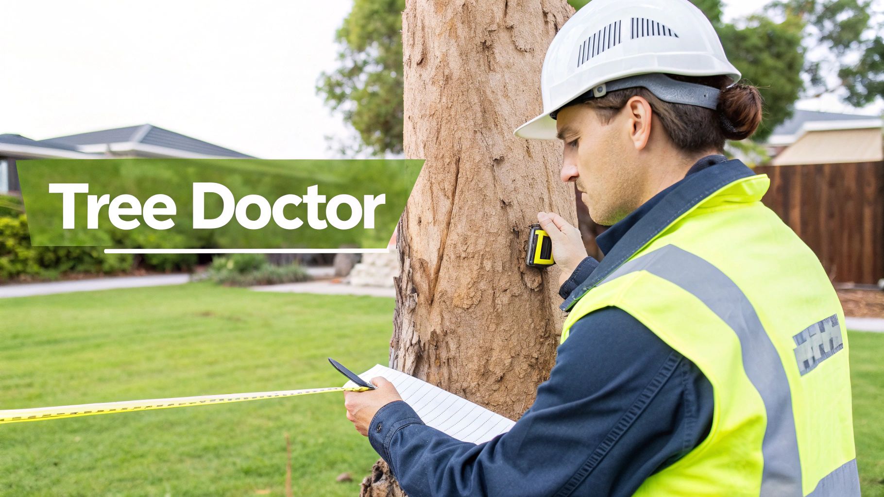 A tree doctor, an arborist, measures a tree trunk with a tape measure and takes notes.