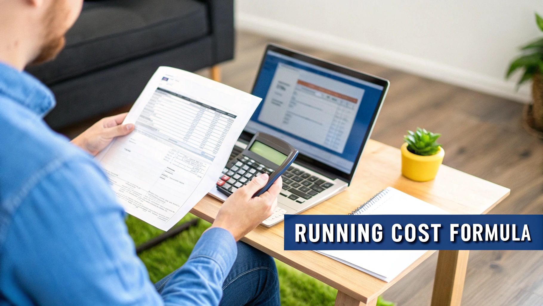Person at a desk analyzing financial documents, using a calculator and laptop to determine running costs.