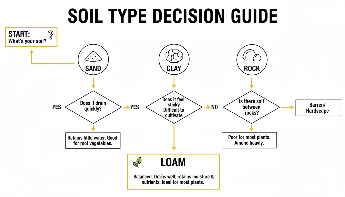 Flowchart guiding identification of soil types like sand, clay, and rock, and their characteristics for planting.