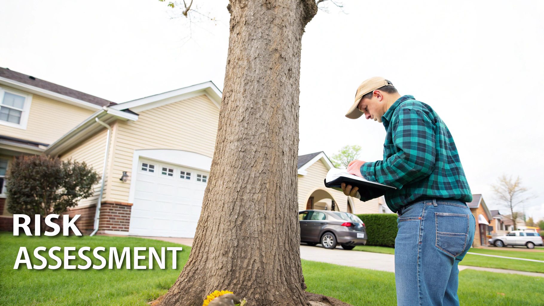 A man in a plaid shirt and cap inspects a large tree in front of a house, performing a risk assessment.