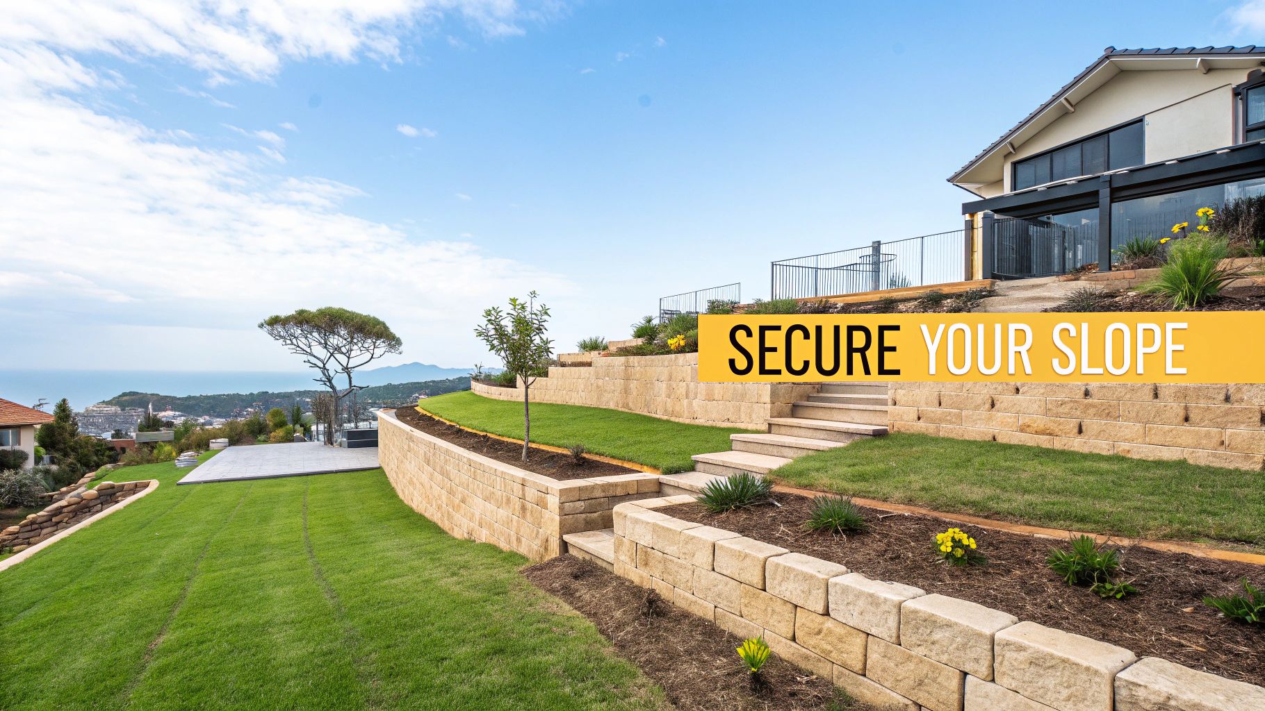 A newly constructed sandstone retaining wall with a staircase built into it, on a residential property.