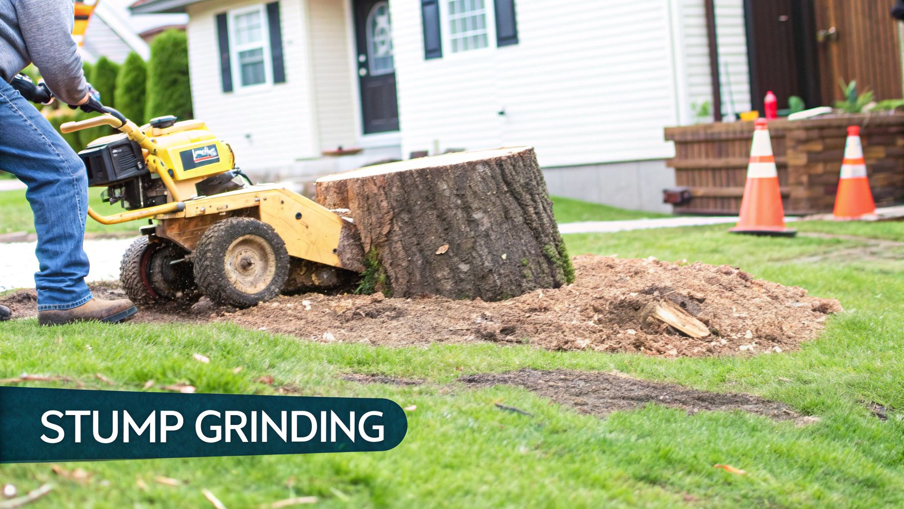 A person operates a yellow stump grinder machine next to a large tree stump with wood chips.