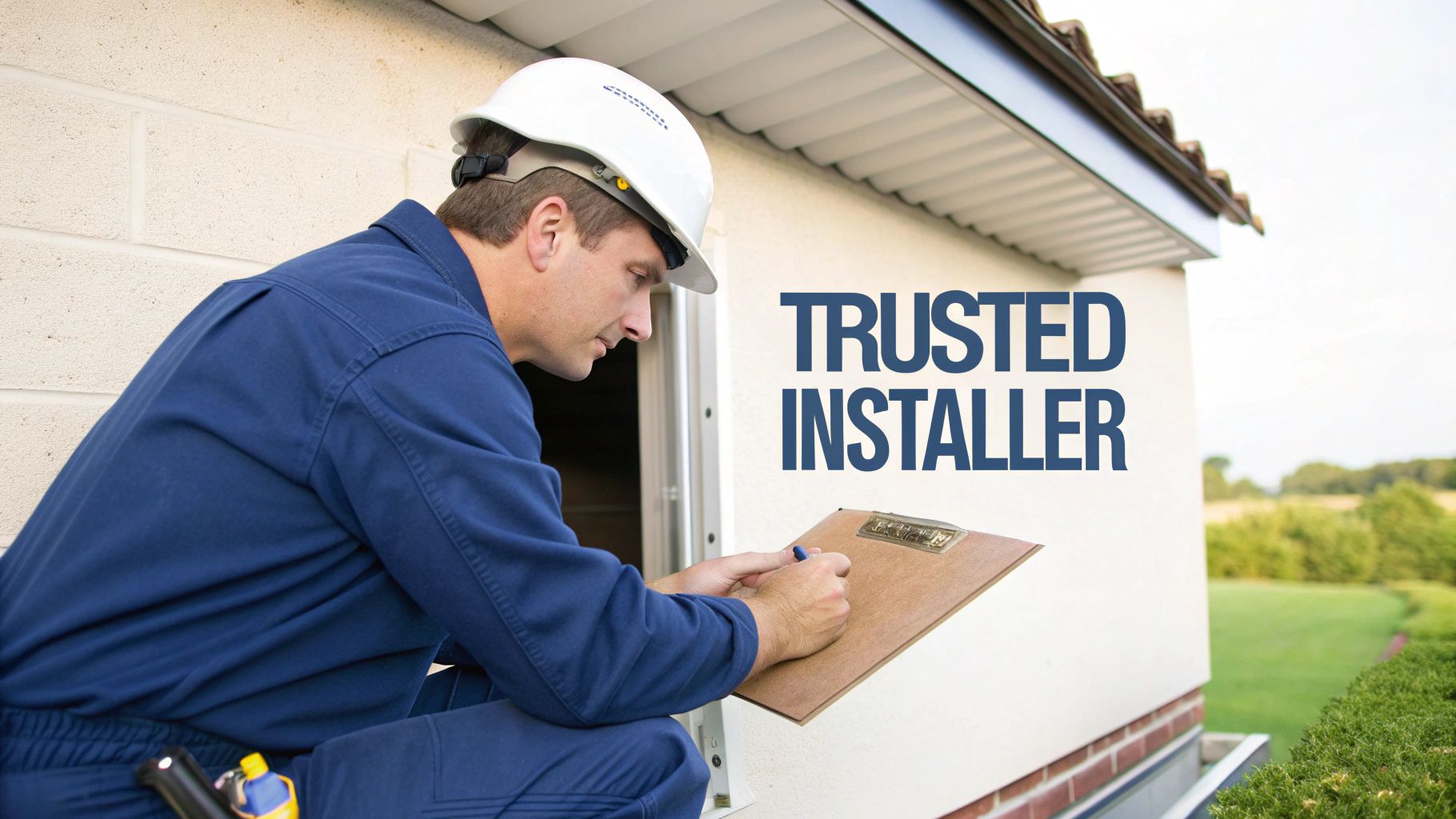 A trusted installer in a hard hat and blue uniform writing on a clipboard outside a building.