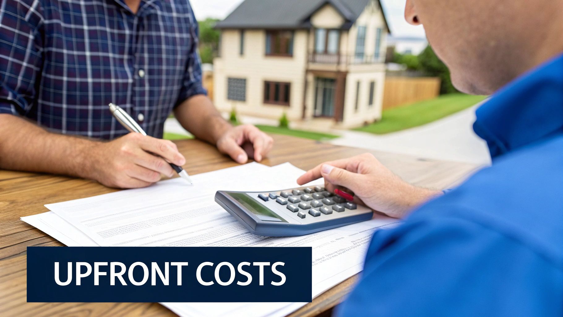 Two men discuss upfront costs for a house, signing documents and using a calculator.