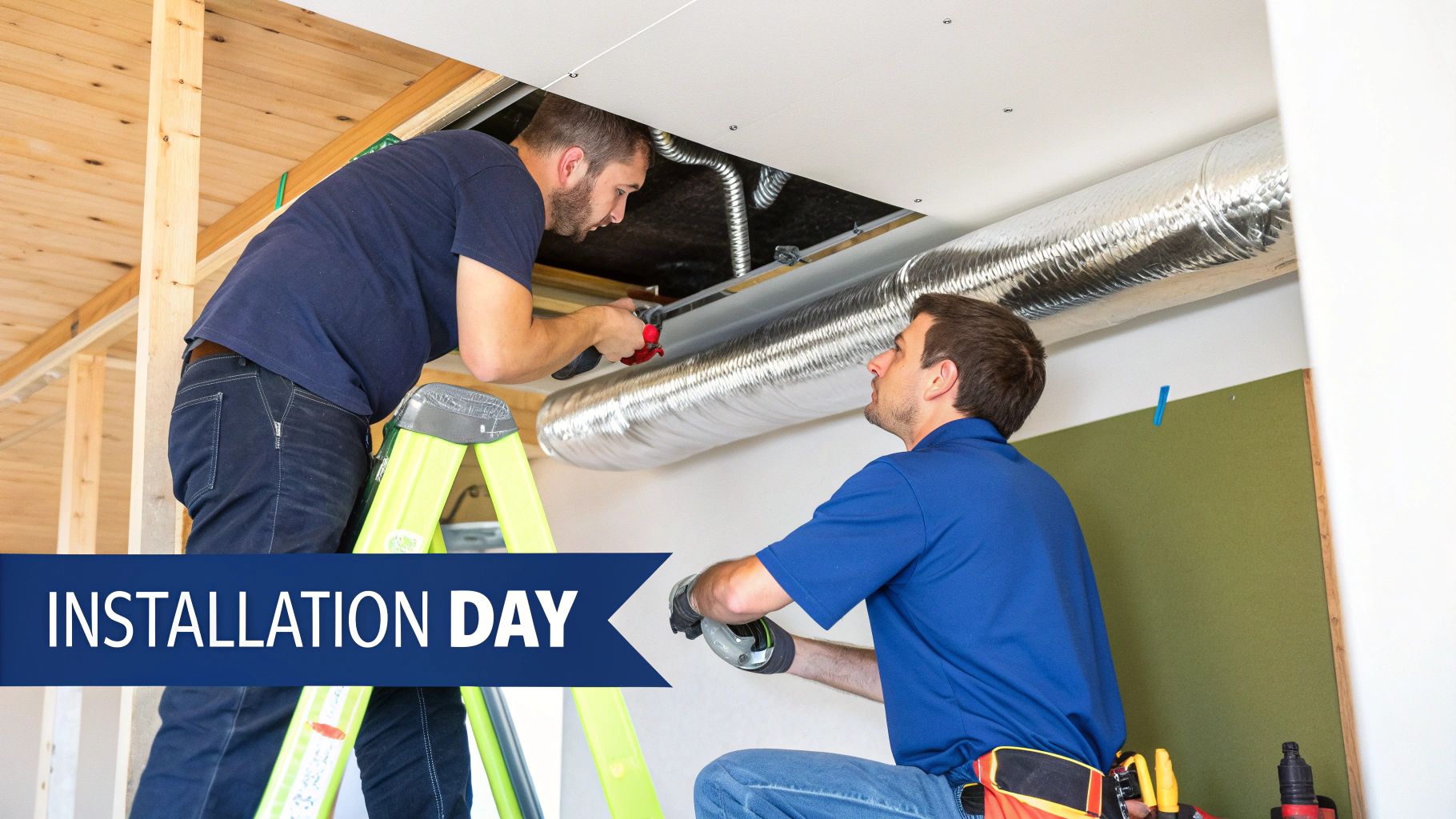 Two installers work on ducted air conditioning systems in a partially finished building.