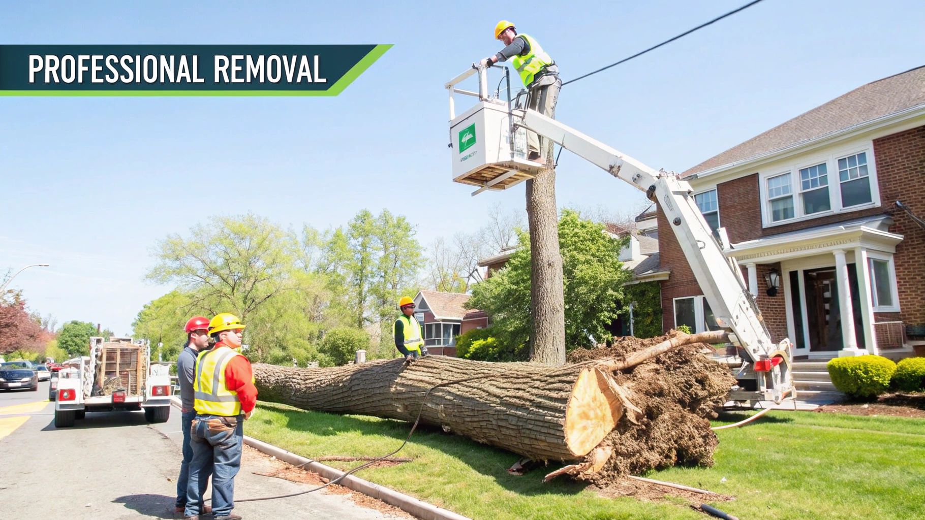 Professional crew uses a cherry picker to remove a large, fallen tree from a residential lawn.