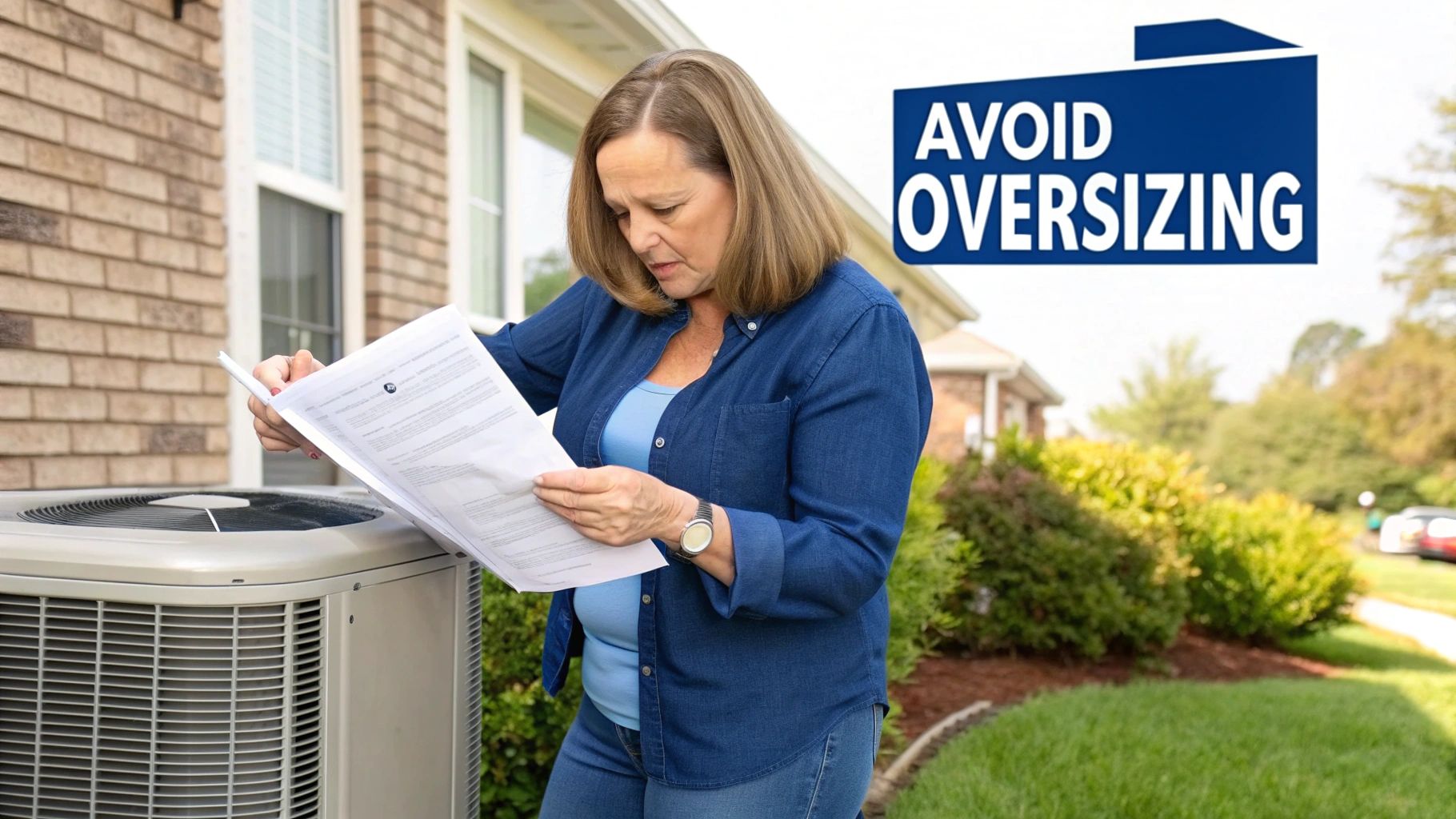 A woman studies documents next to an outdoor air conditioning unit, with a banner stating 'AVOID OVERSIZING'.