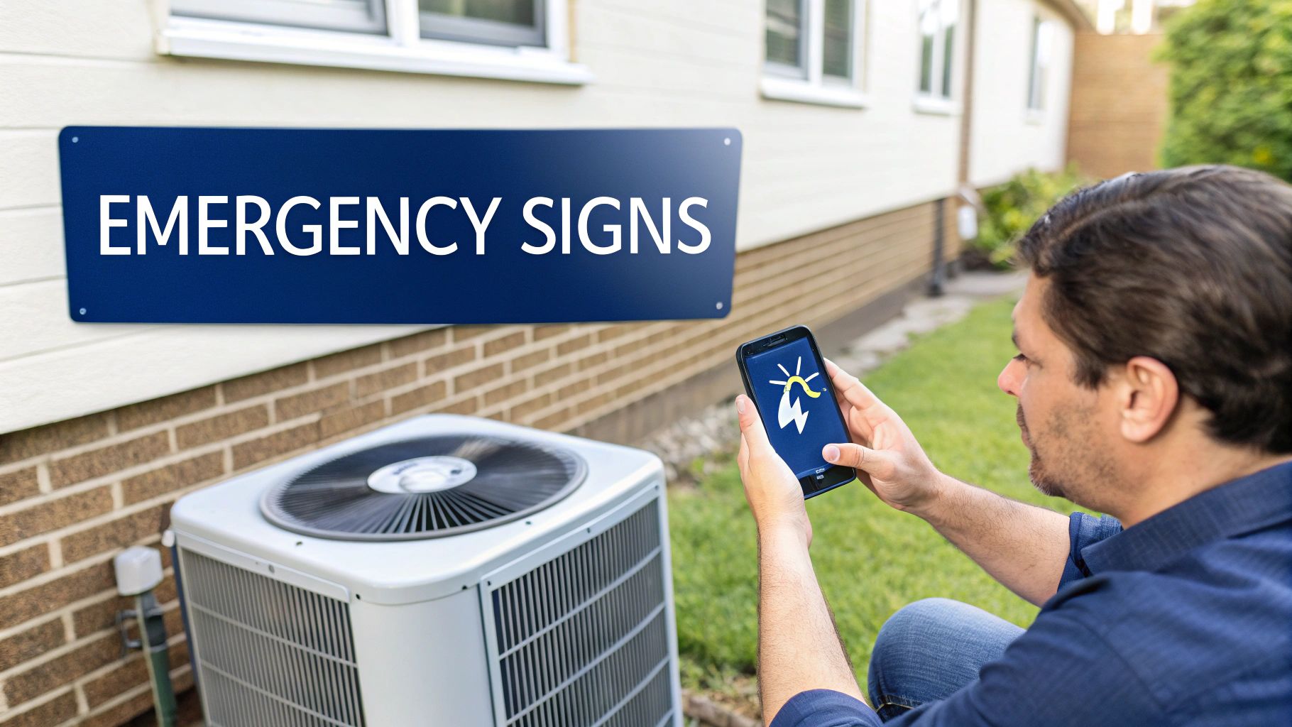 A man checking his smartphone app next to an outdoor HVAC unit with an 'EMERGENCY SIGNS' board.