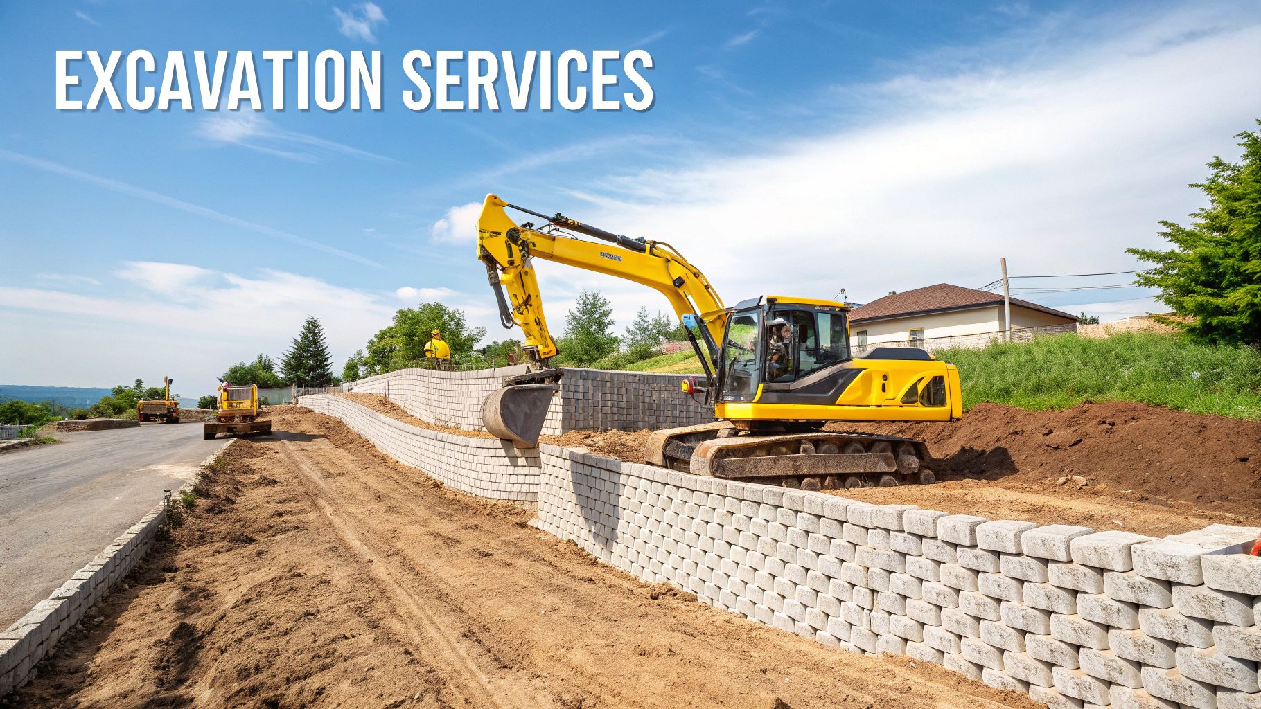 A yellow excavator building a multi-tiered retaining wall at a construction site with dirt and a road.