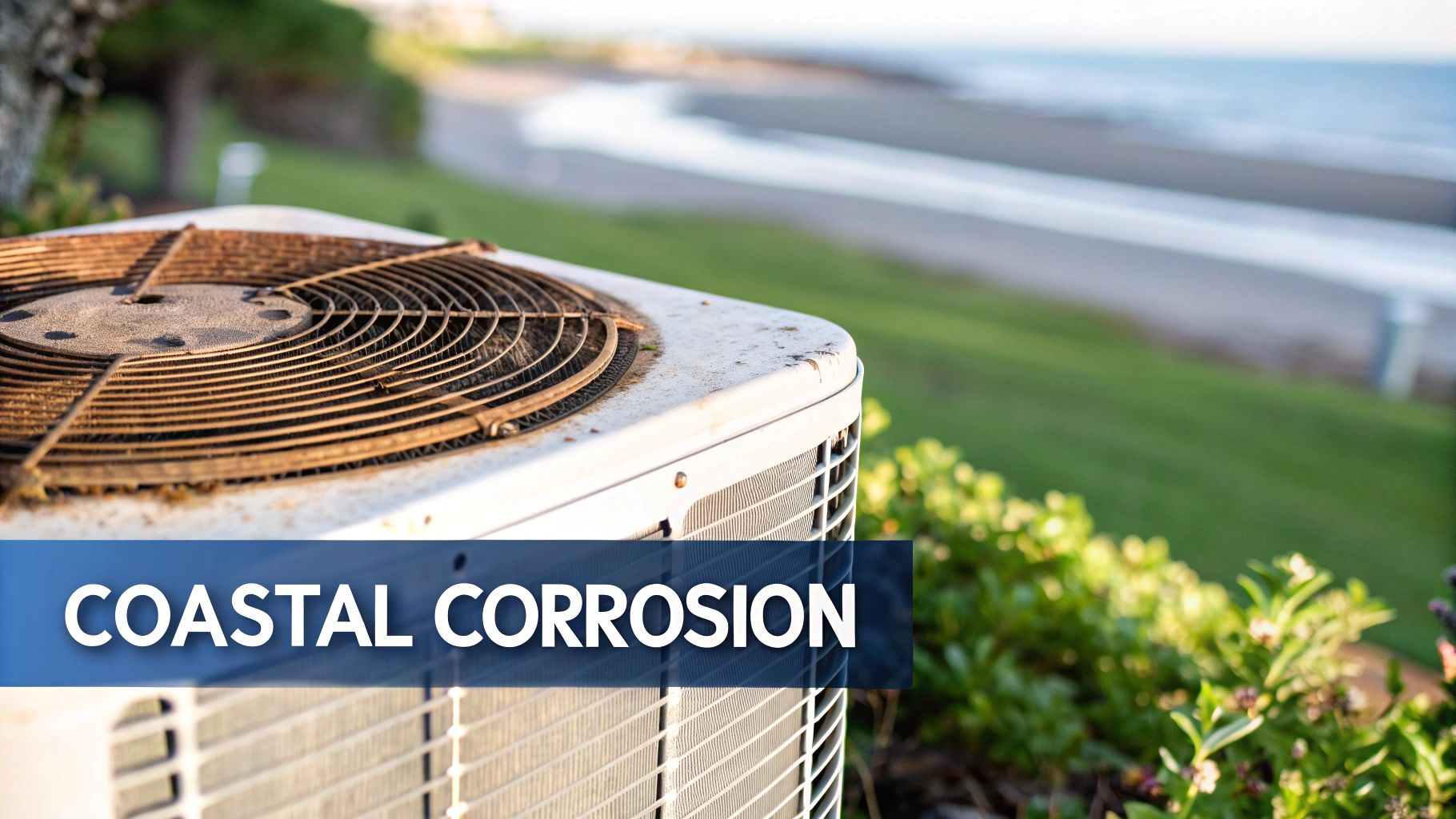 A corroded and rusty outdoor air conditioning unit with a blurred coastal beach and ocean in the background.