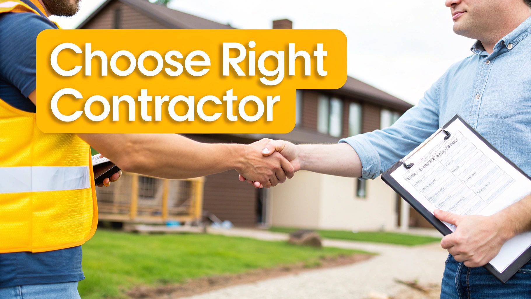 Two men, one a contractor, shake hands in front of a house, with text 'Choose Right Contractor'.