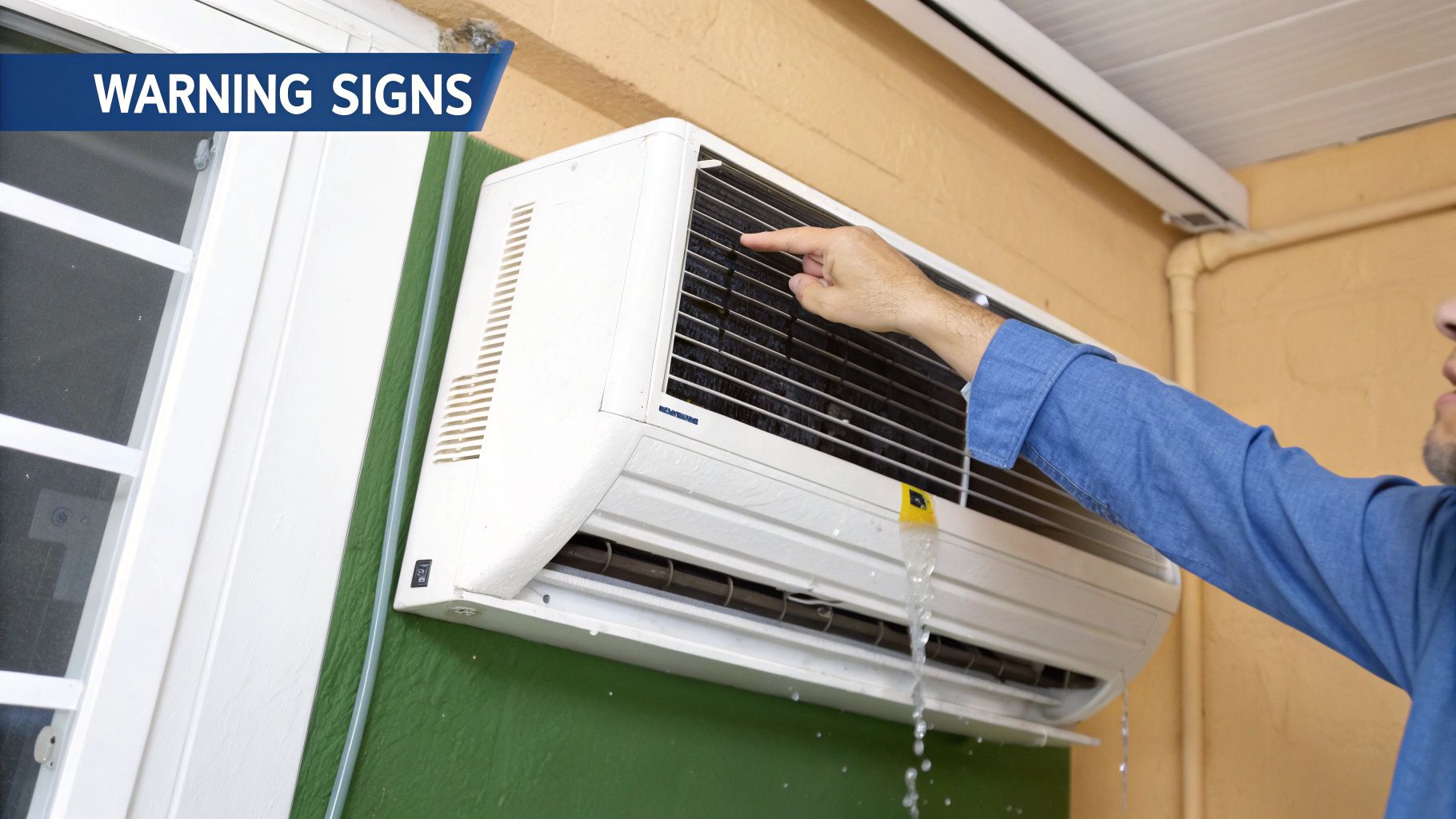 A man inspects a white air conditioner unit leaking water, highlighting warning signs.