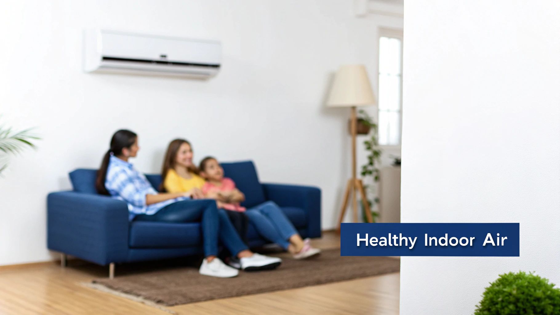 Three people relaxing on a blue sofa under an air conditioner, promoting healthy indoor air.