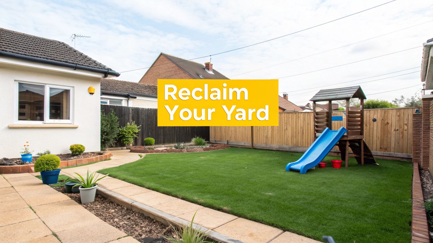 A bright backyard with a green lawn, wooden fence, a children's slide, and a paved patio.