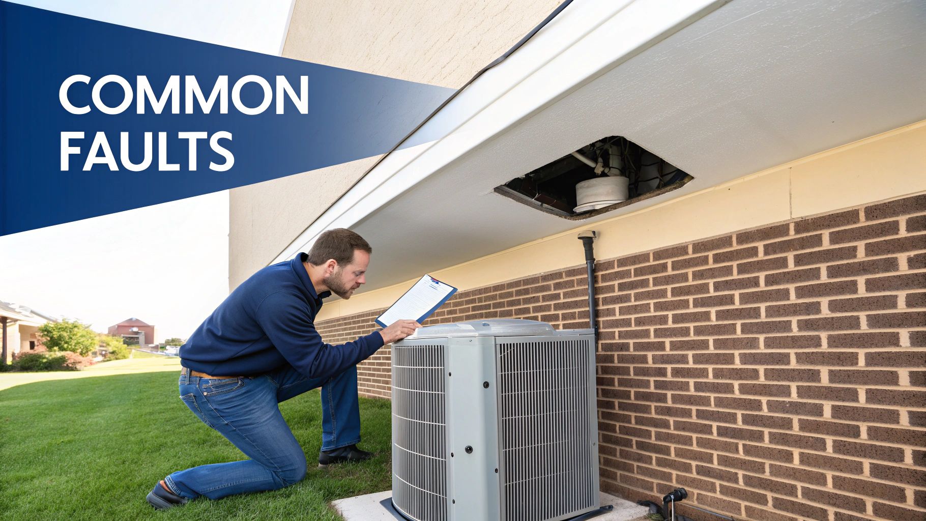 A technician kneels to inspect an outdoor residential air conditioning unit with a clipboard, under an exposed soffit.