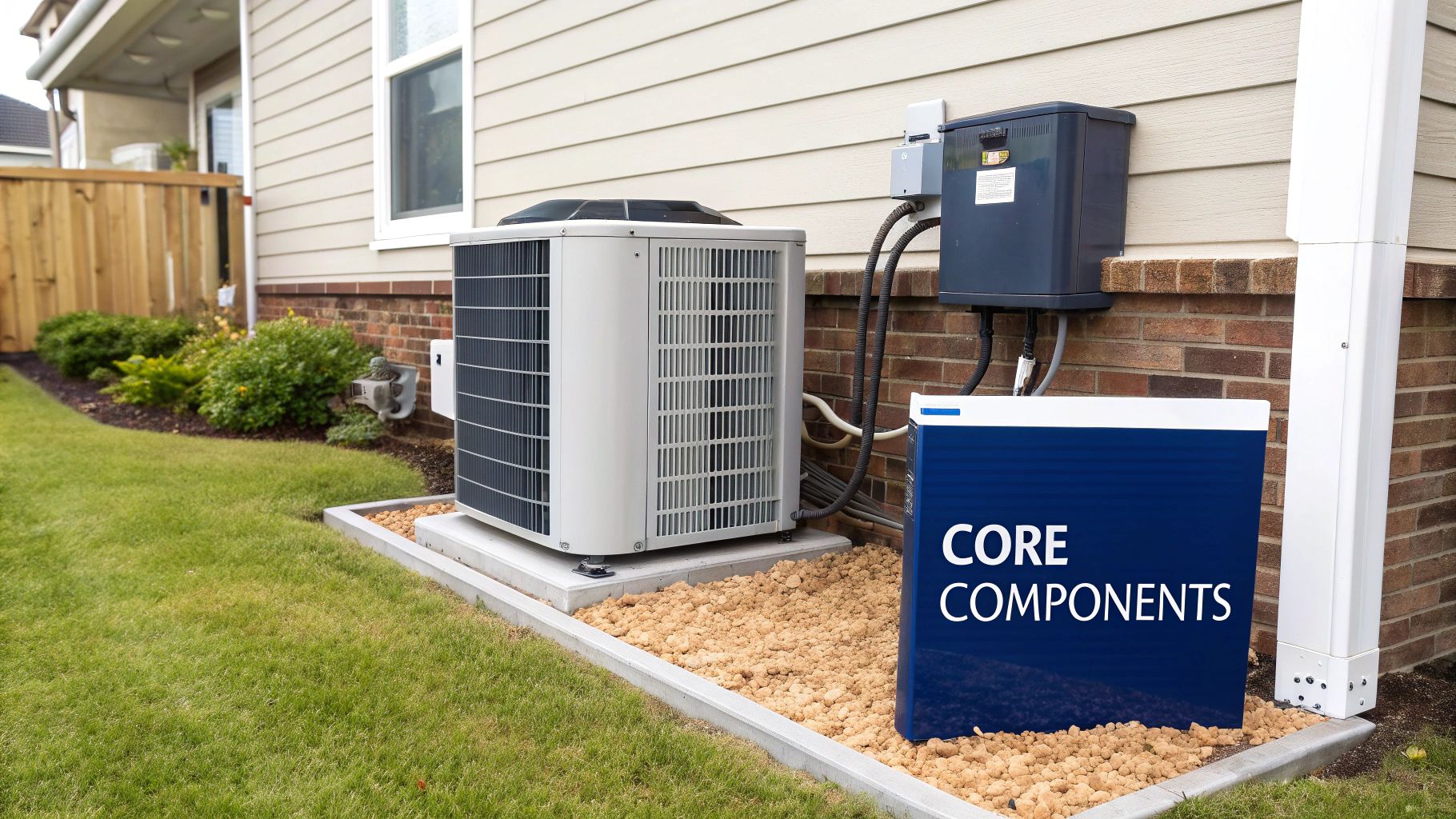 Outdoor residential air conditioning unit and a blue 'CORE COMPONENTS' box next to a house.