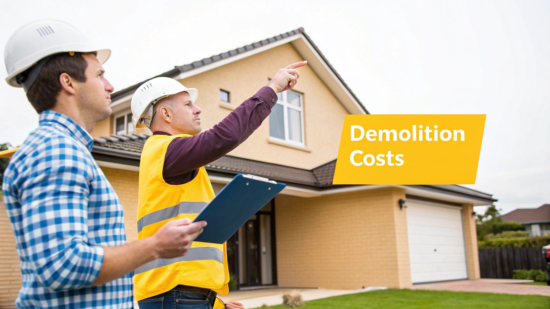 Two construction workers in hard hats assess a residential house for demolition, discussing costs with a clipboard.