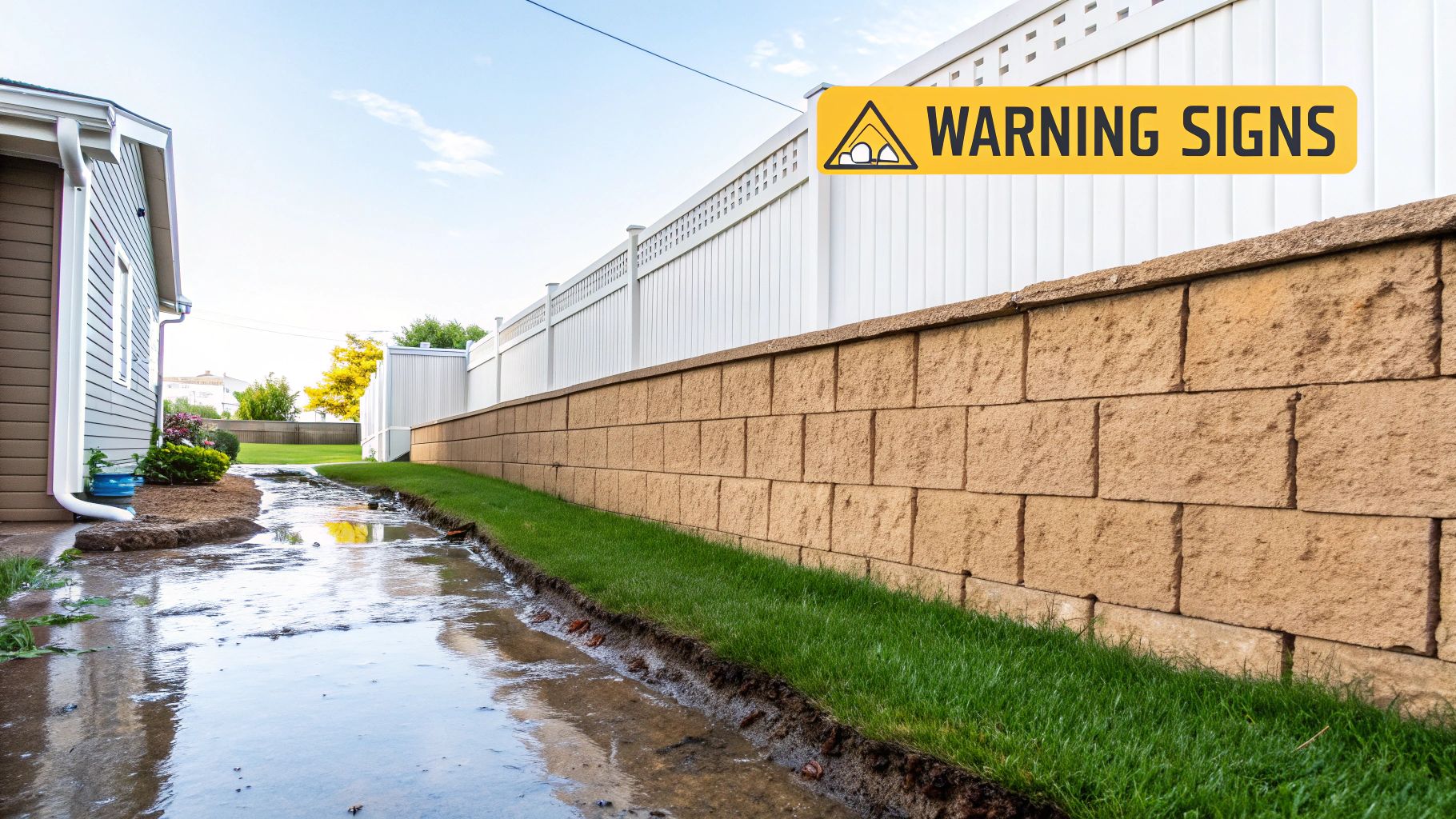 Backyard flooding along retaining wall showing poor drainage system and water pooling issues