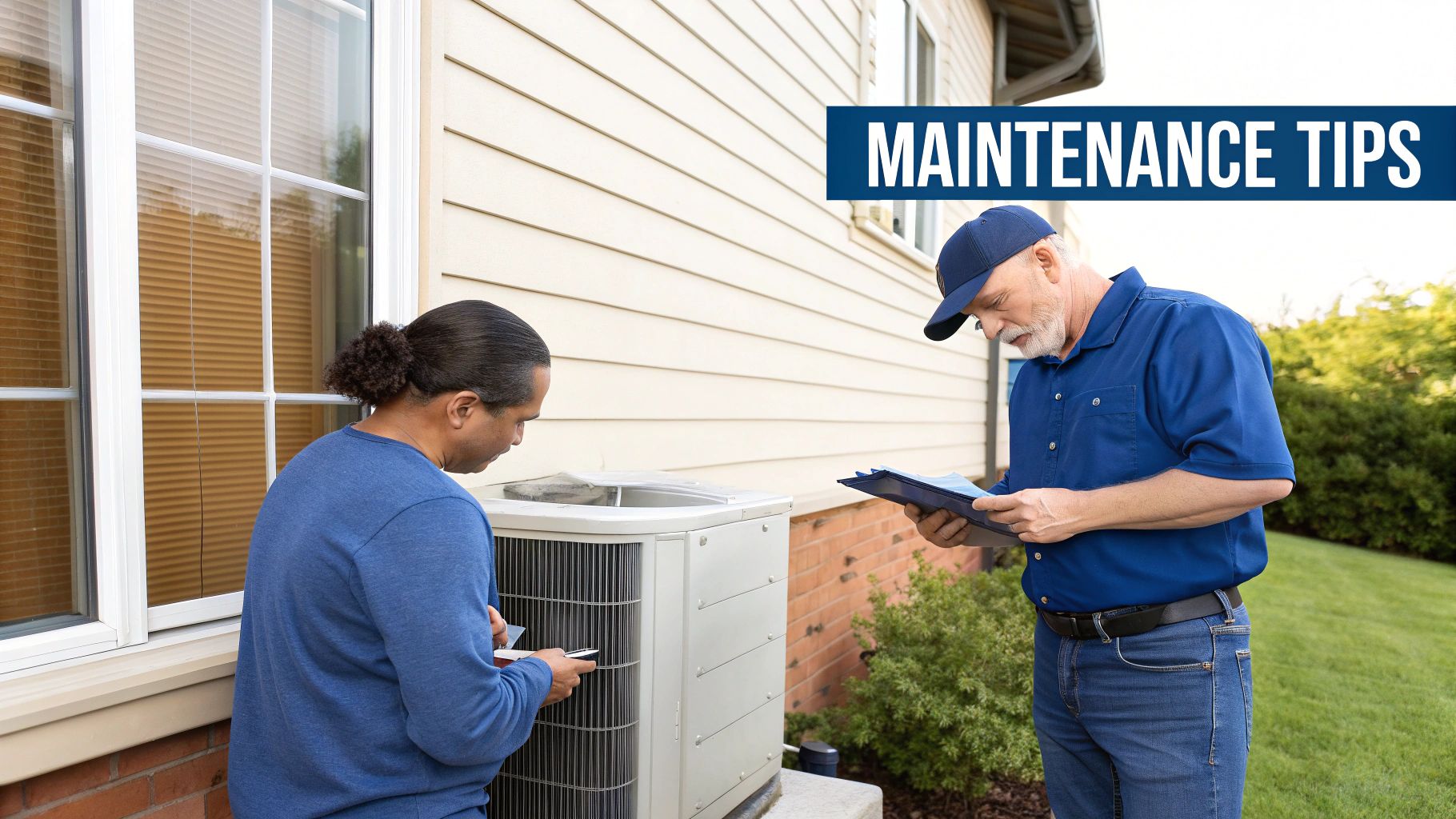Two men inspecting an outdoor air conditioning unit, one holding a device, the other a clipboard.