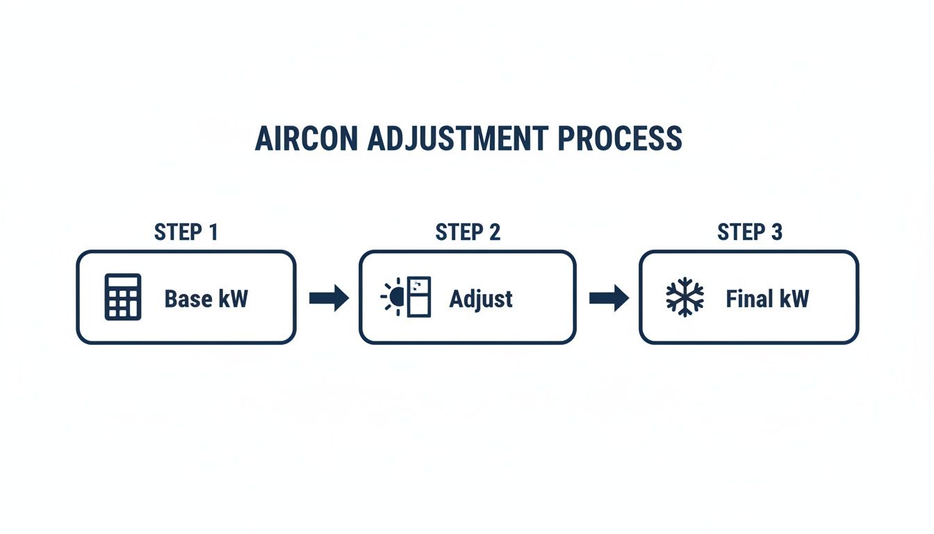 Flowchart illustrating the air conditioner adjustment process, showing three steps: Base kW, Adjust, and Final kW.
