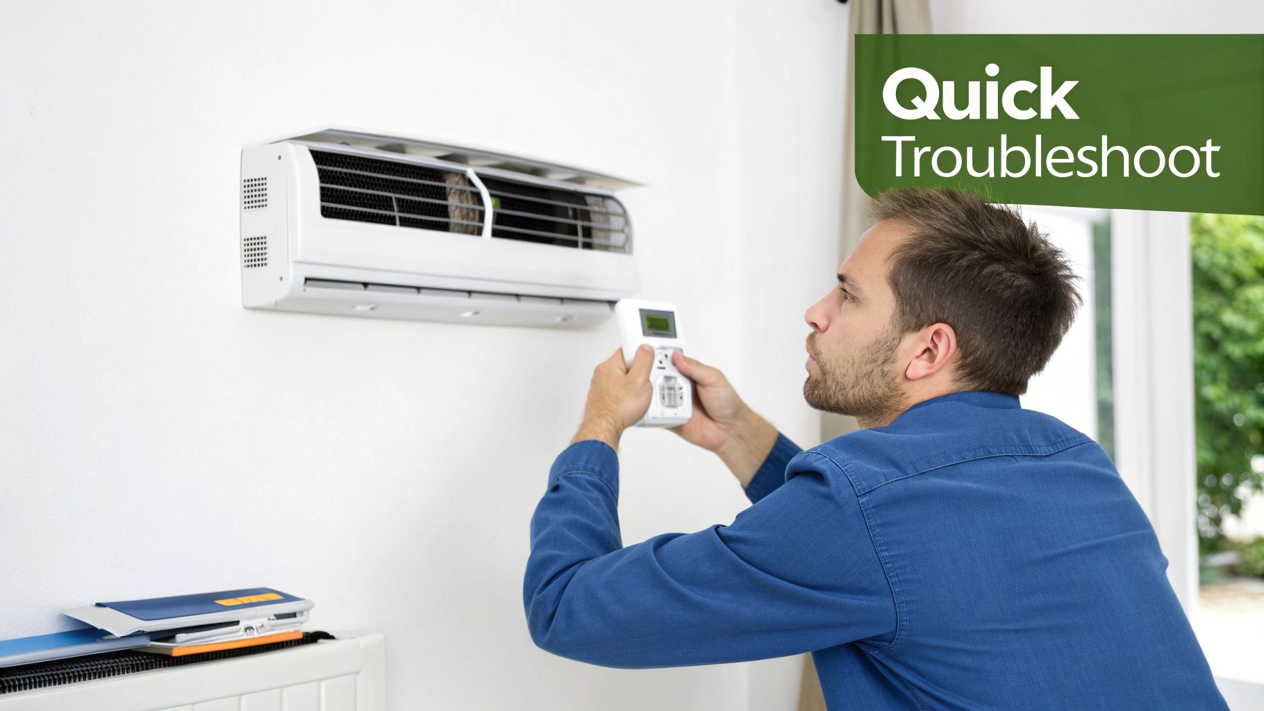 Technician examining an outdoor air conditioner unit