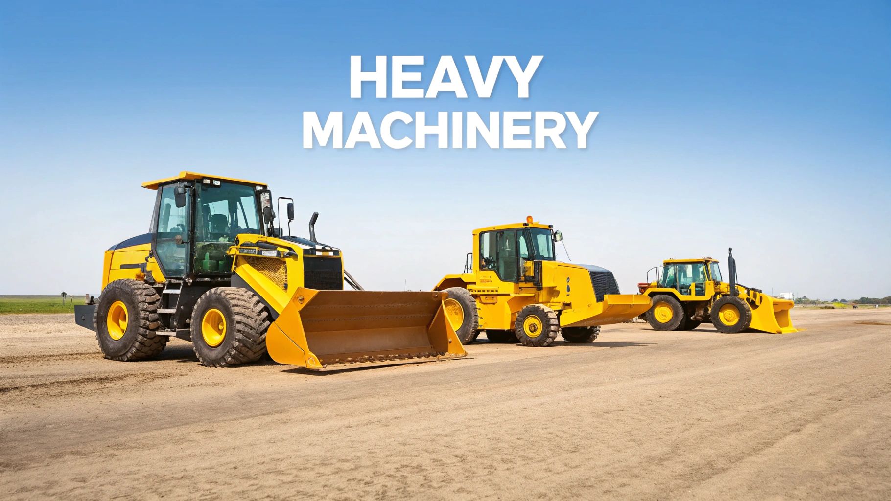 Three large yellow heavy machinery loaders parked on a dirt construction site under a blue sky.