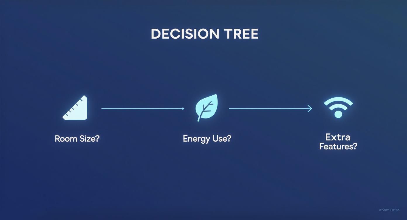 A decision tree diagram illustrating key factors for selection: Room Size, Energy Use, and Extra Features.