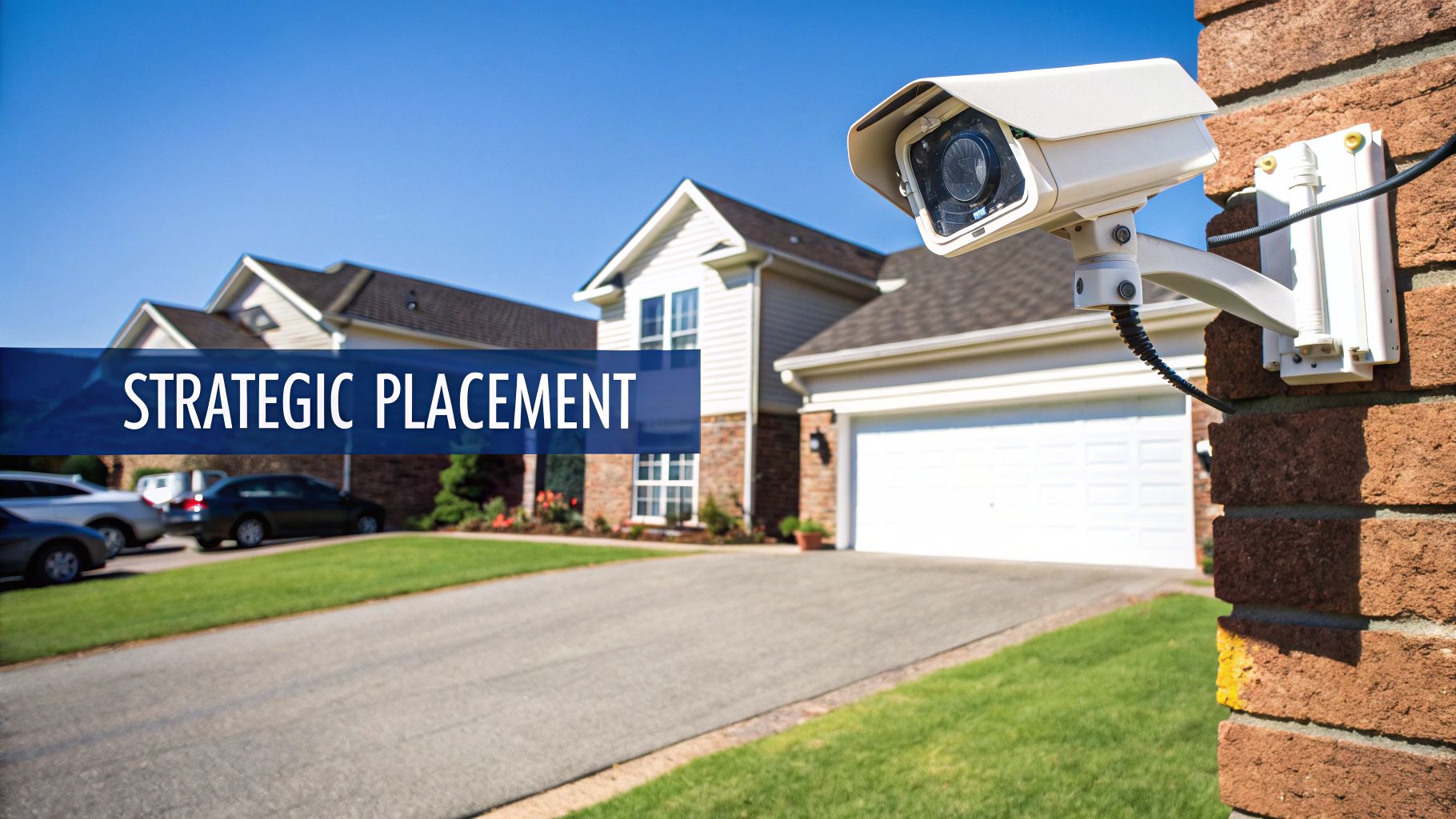 A security camera mounted on the exterior of a brick house, overlooking a driveway.