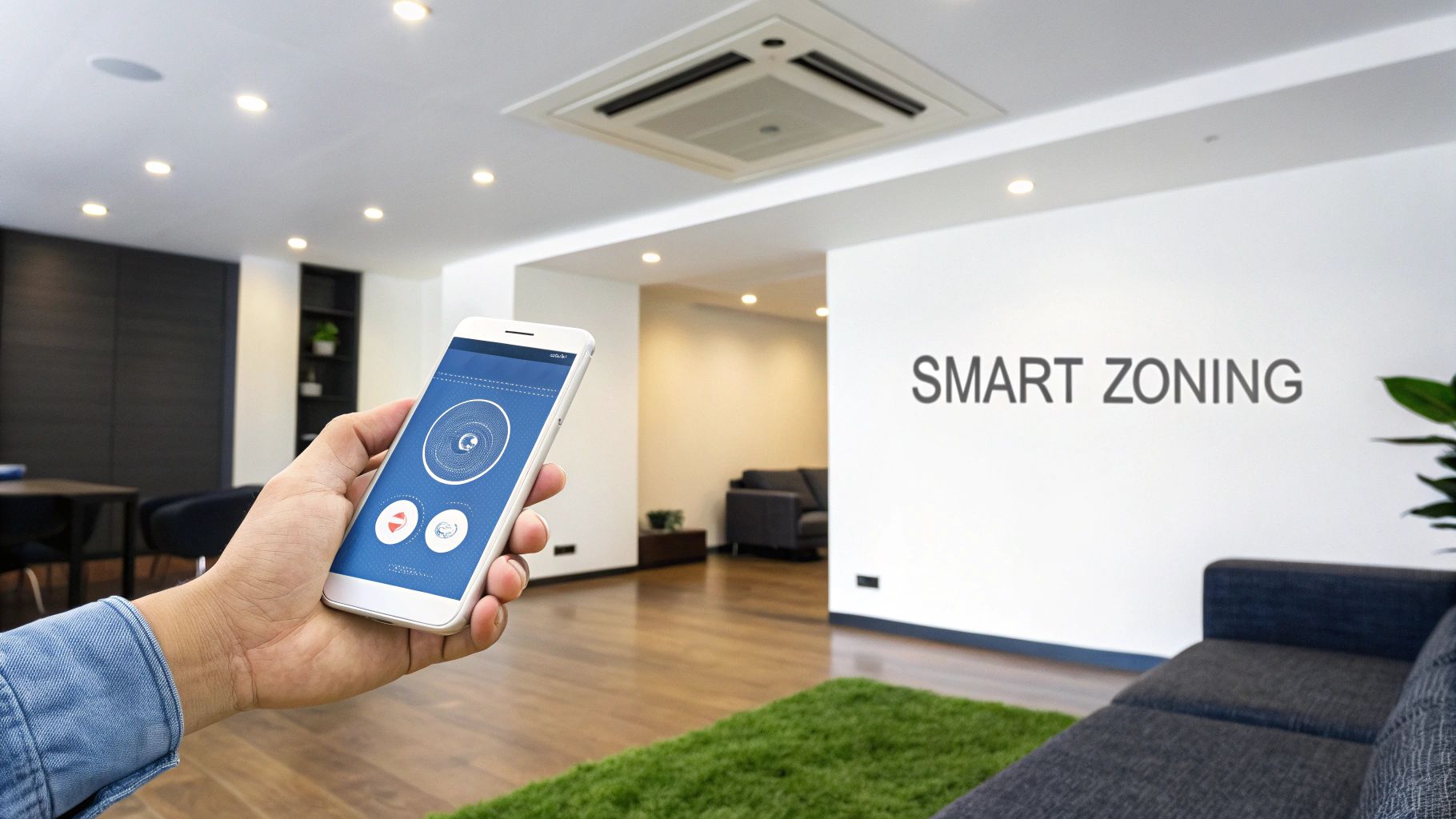 A hand holds a smartphone controlling a smart home system with ducted air conditioning and smart zoning.