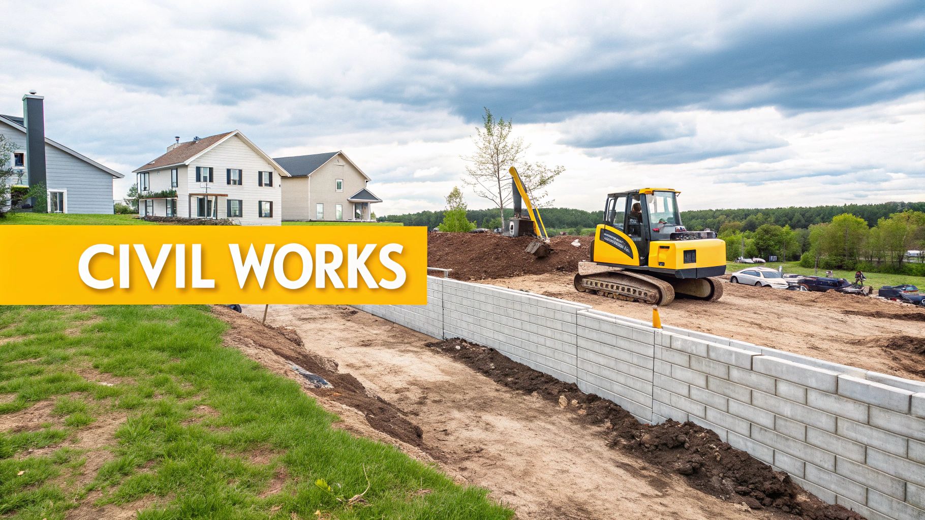 An excavator and newly built retaining wall on a civil works construction site with new homes in the background.