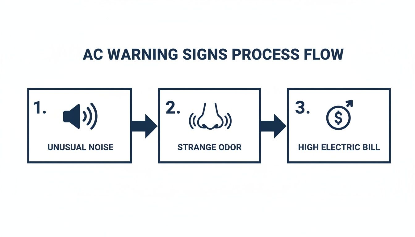 A process flow diagram illustrates three AC warning signs: unusual noise, strange odor, and high electric bill.