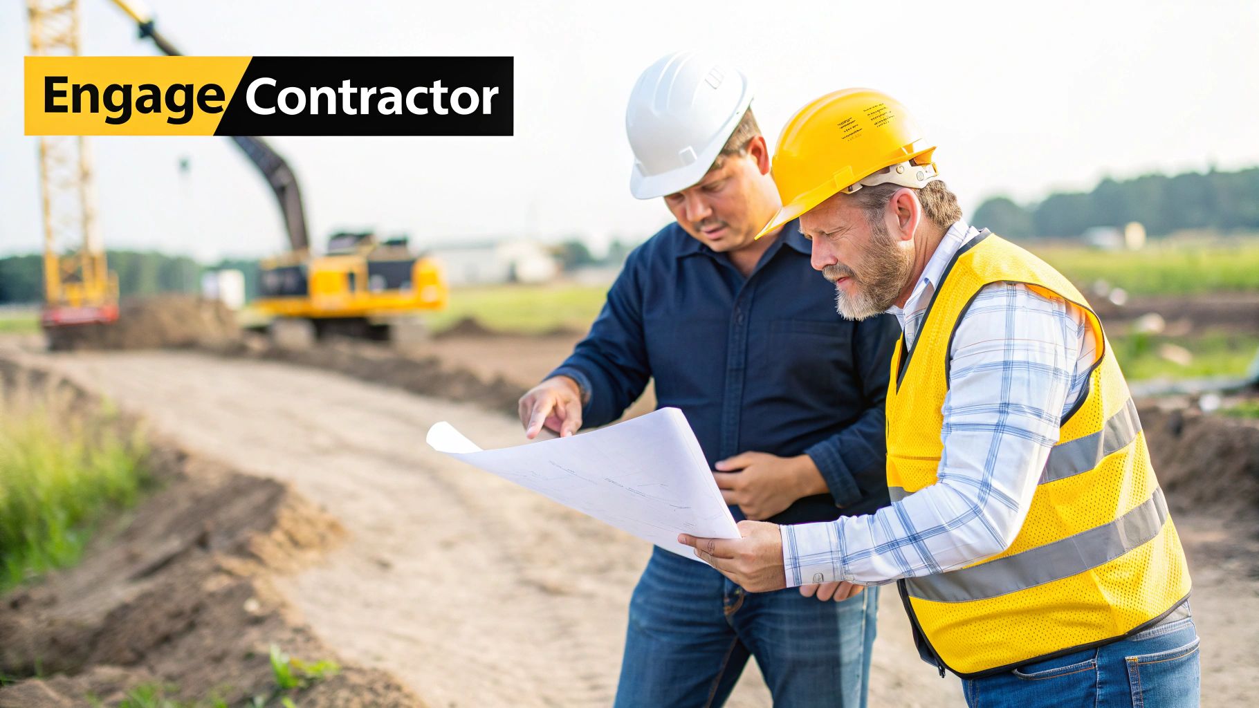 Two construction professionals in hard hats review blueprints at a building site with heavy equipment.